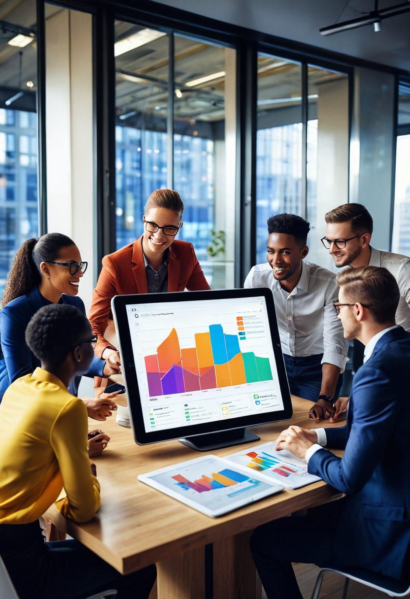 A dynamic scene showcasing a diverse group of e-commerce entrepreneurs brainstorming strategies around a large digital tablet, with graphs and charts illustrating success. Background includes vibrant visuals of online shopping elements like carts and packages. Warm light radiates from the screens, signifying innovation and teamwork. Add a futuristic cityscape in the window to represent growth and opportunity. super-realistic. vibrant colors. 3D.