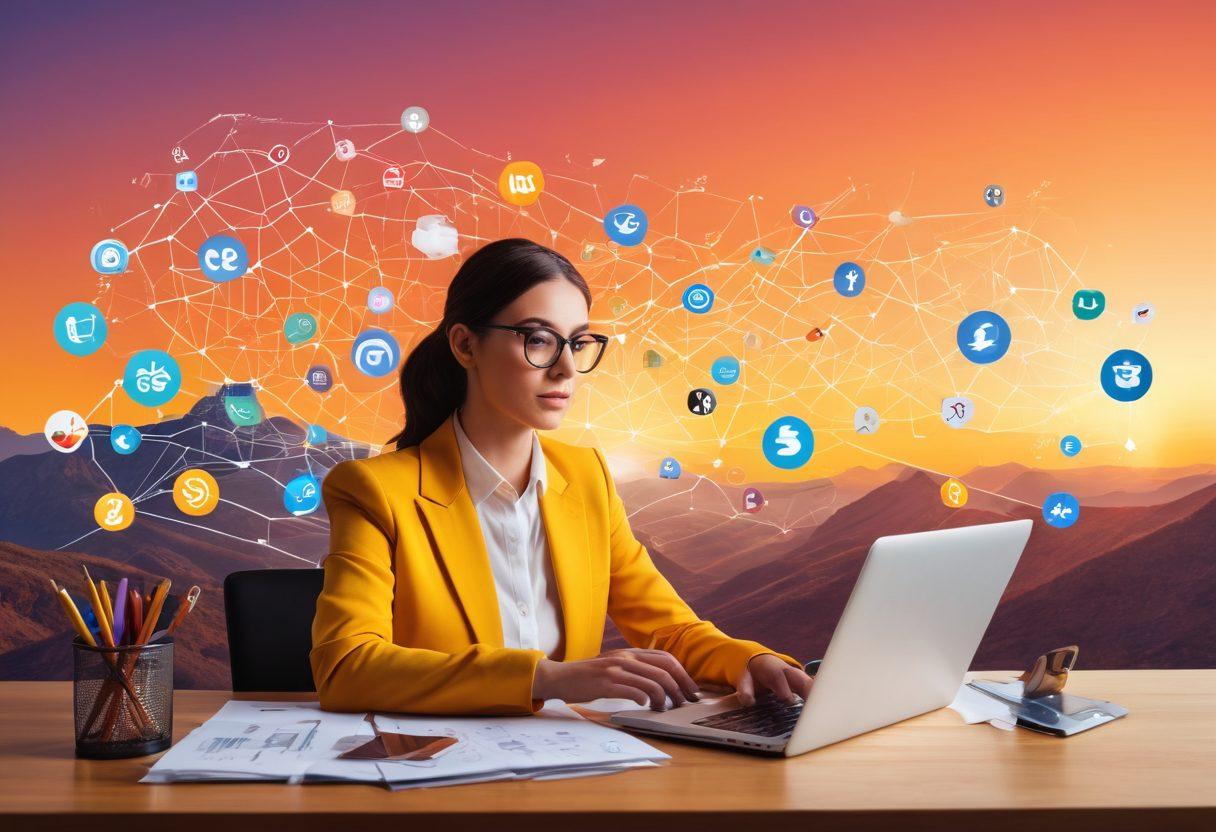 A dynamic scene depicting a confident blogger transforming their laptop into a thriving business hub, surrounded by floating icons of graphs, dollar signs, and social media. A motivational backdrop of a sunrise symbolizes new opportunities, while vibrant colors enhance the sense of growth and potential. super-realistic. vibrant colors. energetic atmosphere.